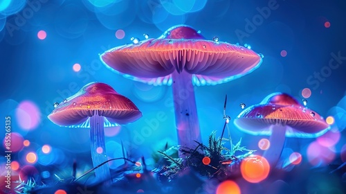 A cluster of mushrooms atop a verdant meadow adjacent to a dense woodland with abundant foliage and tall blades of grass