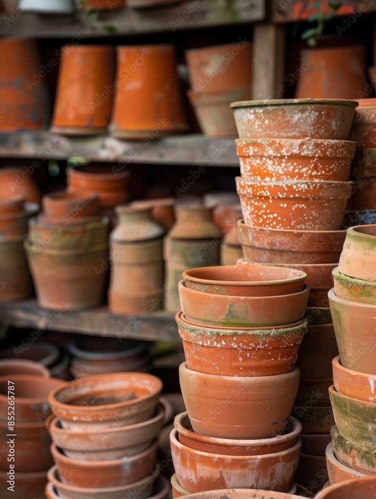 Rows of stacked flower pots in a garden store, showcasing essential gardening supplies. Suitable for horticulture and gardening content. Rows of stacked flower pots in a garden store, showcasing essential gardening supplies. Suitable for horticulture and gardening content.