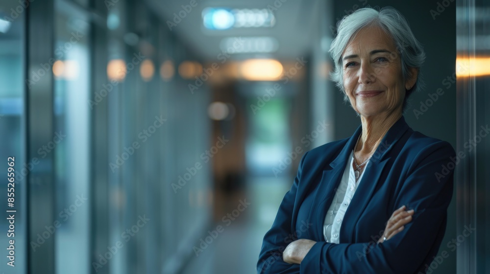 Obraz premium A person standing in a hallway with their arms crossed, possibly indicating a sense of defensiveness or resistance