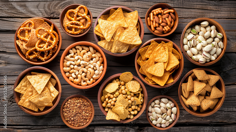 variety of snacks including tortilla chips, pretzels and nuts are arranged in bowls on a wooden background in a top view