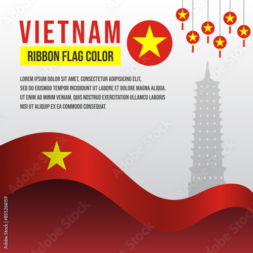 Vietnam ribbon flag with Bai Dinh Pagoda silhouette and decoration