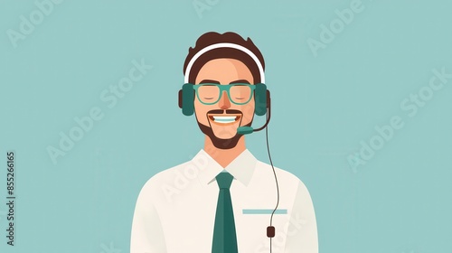 Smiling customer service representative wearing headset and glasses.