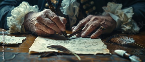 Portrait of Founding Fathers with quill pens, Declaration of Independence theme, high-resolution, dynamic lighting