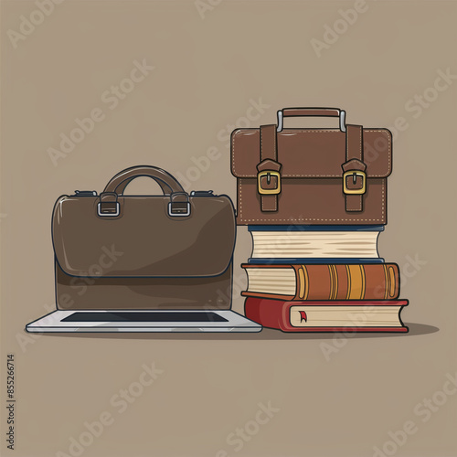 A detailed vector image of a briefcase, laptop, and a stack of business books, symbolizing the tools and resources used in business education, set against a simple background
