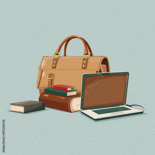 A detailed vector image of a briefcase, laptop, and a stack of business books, symbolizing the tools and resources used in business education, set against a simple background