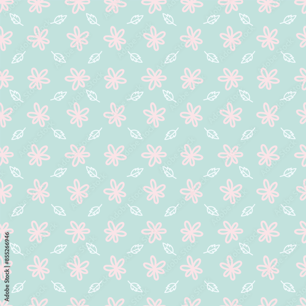 Cute kawaii hand drawn floral blossom with leaves pattern background Cute kawaii hand drawn floral blossom with leaves pattern background