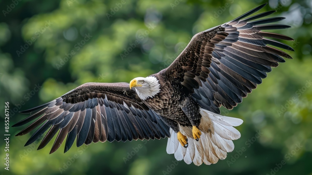Obraz premium Eagle soaring over a Fourth of July parade, symbol of freedom, ultra-detailed, photorealistic, vibrant colors