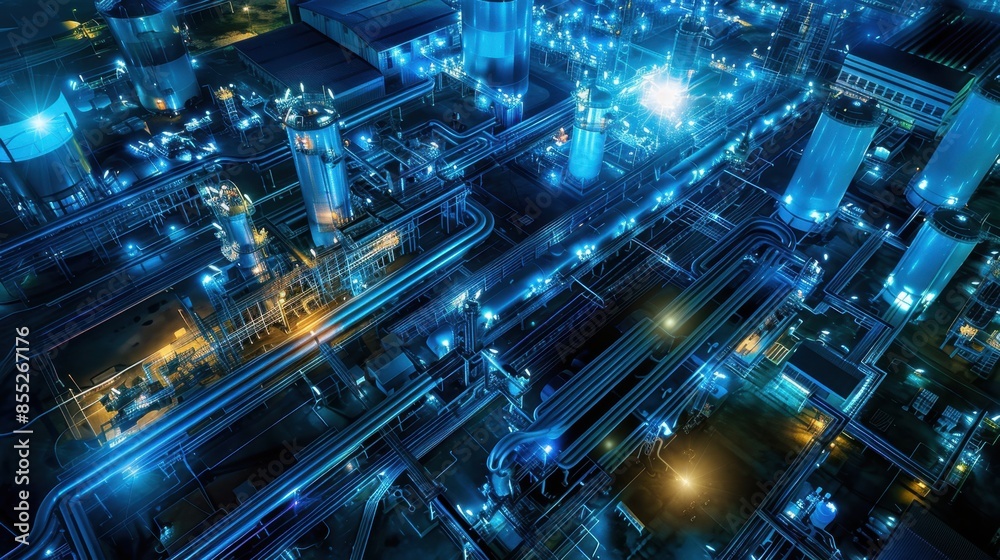An aerial view of an industrial complex with illuminated pipelines and structures at night. An aerial view of an industrial complex with illuminated pipelines and structures at night.