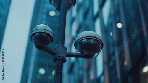 A close-up view of three surveillance cameras mounted on a pole against a background of a modern city building. photo