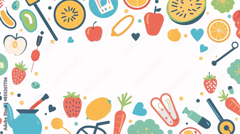 Playful healthy lifestyle icons pattern with a central blank area for text, ideal for wellness programs and health tips Playful healthy lifestyle icons pattern with a central blank area for text, ideal for wellness programs and health tips