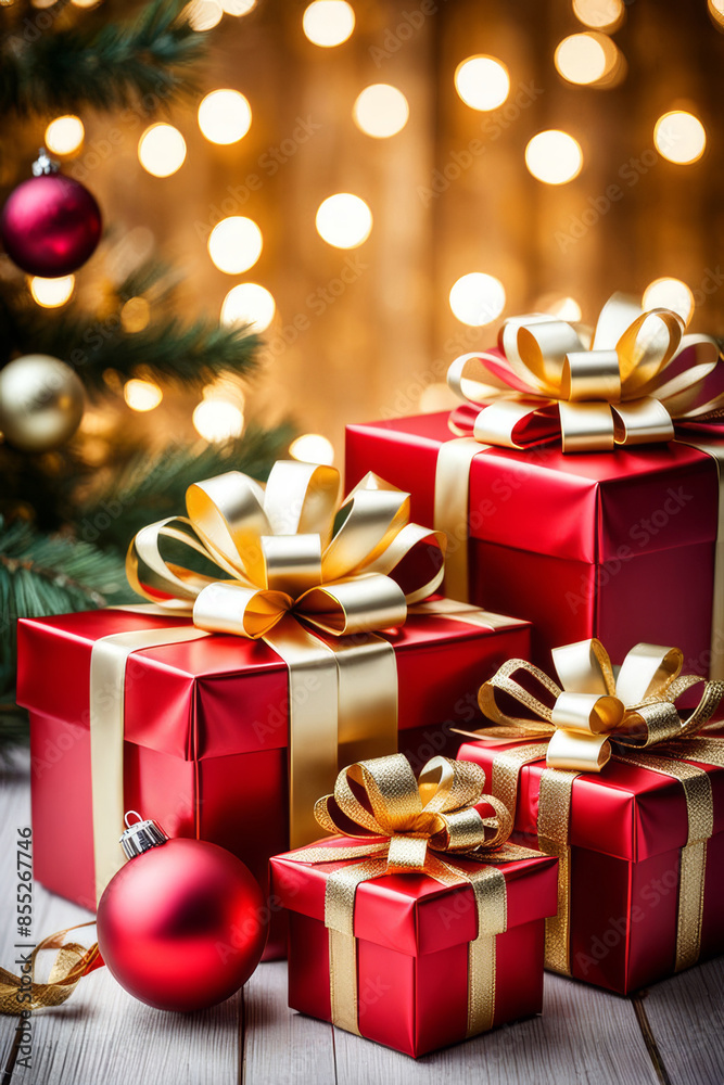 Elegant Christmas Decorations Gift Boxes and baubles on Festive Background Elegant Christmas Decorations Gift Boxes and baubles on Festive Background