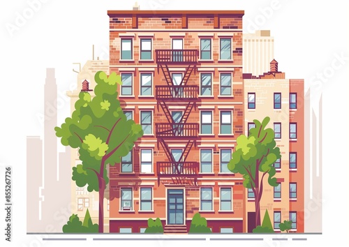 Colorful Urban Apartment Building with Fire Escape and Trees on City Street