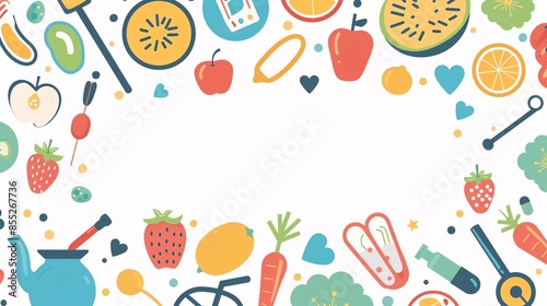 Playful healthy lifestyle icons pattern with a central blank area for text, ideal for wellness programs and health tips