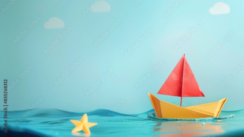 A vibrant image of a yellow paper boat with a red sail on a blue water surface with cloud motifs and a yellow star A vibrant image of a yellow paper boat with a red sail on a blue water surface with cloud motifs and a yellow star