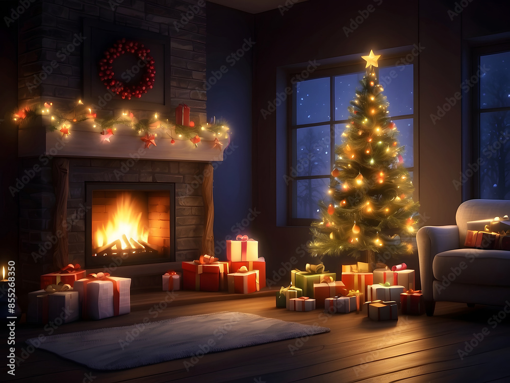 Fototapeta premium Interior Christmas. magic glowing tree, fireplace, gifts in dark design