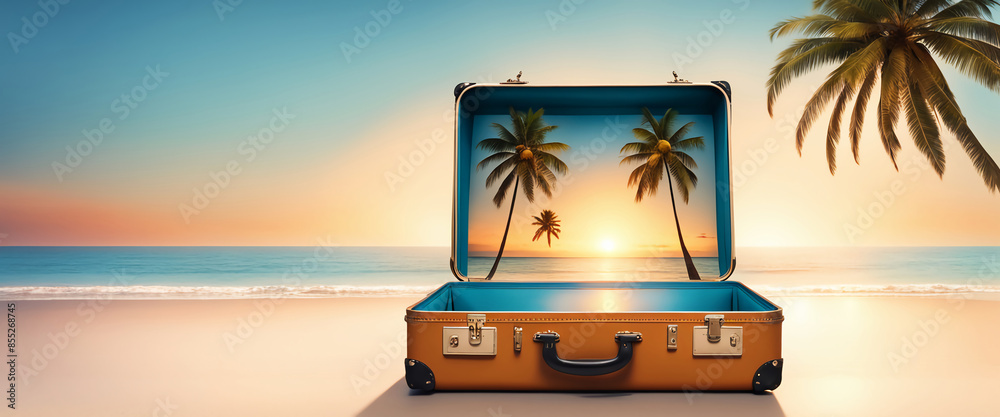 Obraz premium vacation travel time banner, open travel suitcase with an exotic destination inside with copy space area design.