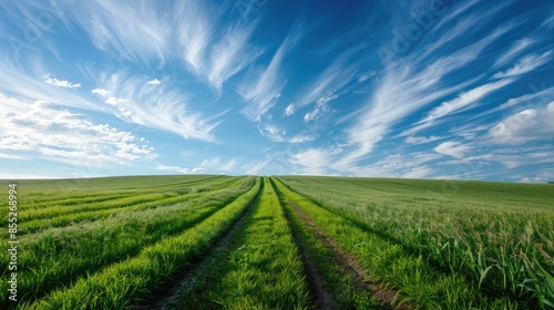 green grass outdoor field landscape with roadway