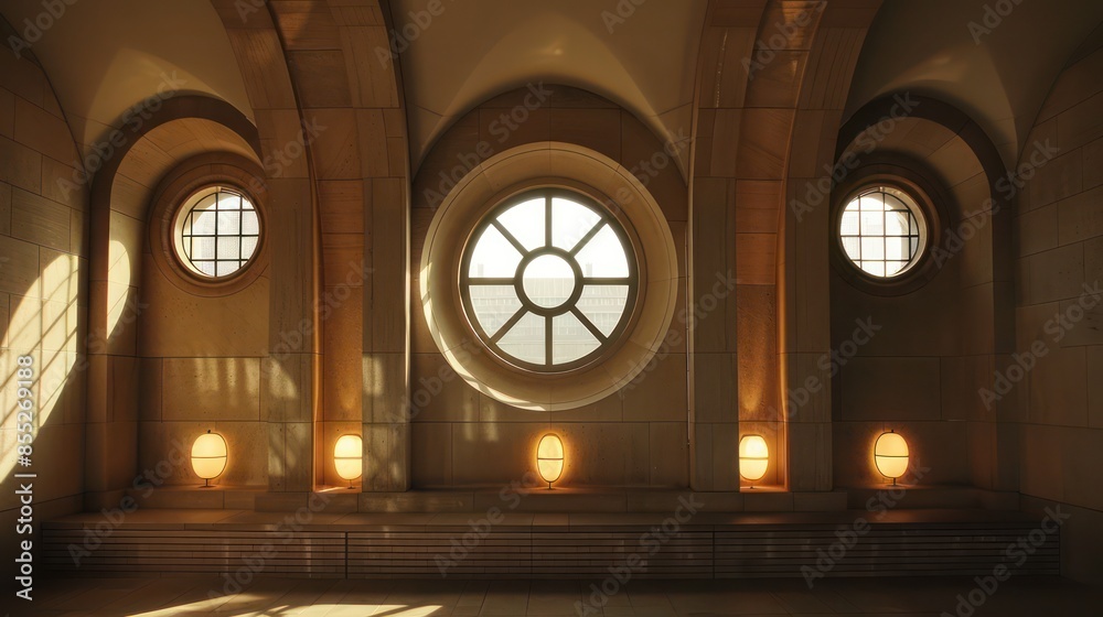 A spacious room with a large central circular window flanked by two smaller ones, all casting warm sunlight onto the interior A spacious room with a large central circular window flanked by two smaller ones, all casting warm sunlight onto the interior