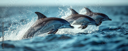 A high-resolution photograph of a pod of dolphins leaping out of the ocean, their bodies glistening in the air. © Влада Яковенко