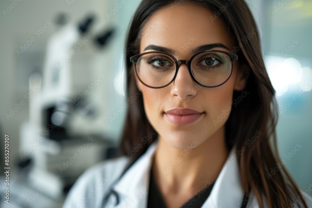 A woman wearing a lab coat and glasses, working or conducting an experiment A woman wearing a lab coat and glasses, working or conducting an experiment