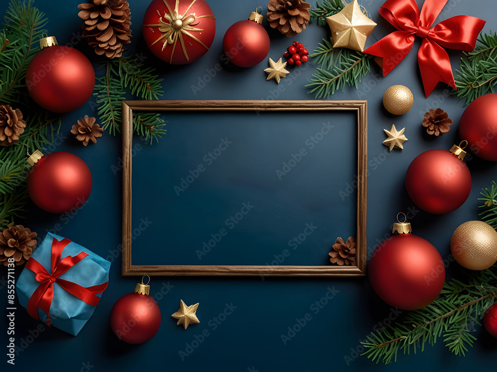 Merry Christmas and Happy Holidays greeting card, frame, and banner. New Year. Noel. Christmas ornaments and gifts on blue background top view. Winter Christmas holiday theme design. Flat lay design Merry Christmas and Happy Holidays greeting card, frame, and banner. New Year. Noel. Christmas ornaments and gifts on blue background top view. Winter Christmas holiday theme design. Flat lay design