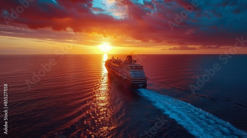 Cruise Ship Sailing in the Ocean at Sunset