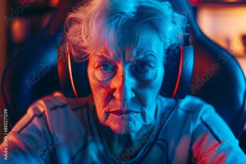 Aged woman with determined look adjusts gaming setup, Senior gamer focuses on adjusting technology © Logo Artist