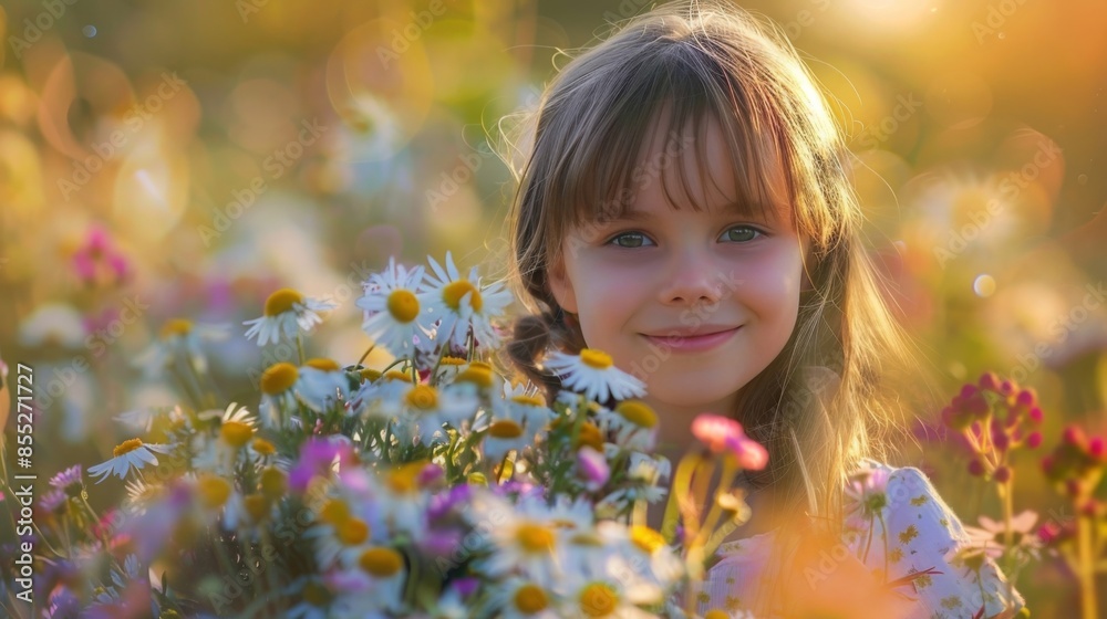 Smiling girl in a field of flowers, enjoying a sunny day with daisies all around her, capturing the essence of childhood and nature Smiling girl in a field of flowers, enjoying a sunny day with daisies all around her, capturing the essence of childhood and nature