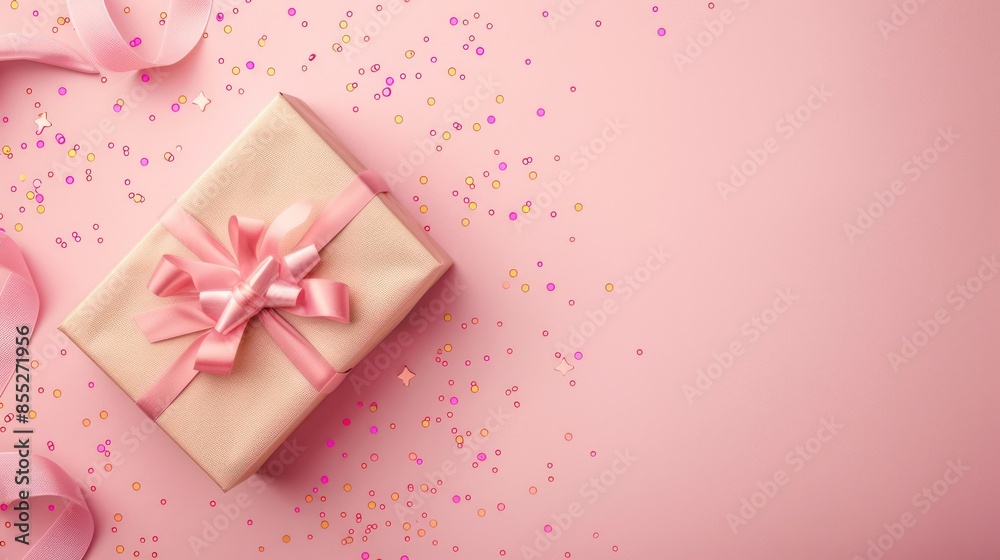 A soft pink background with a gold elegant gift box tied with a satin pink ribbon, surrounded by confetti and additional ribbon curls A soft pink background with a gold elegant gift box tied with a satin pink ribbon, surrounded by confetti and additional ribbon curls