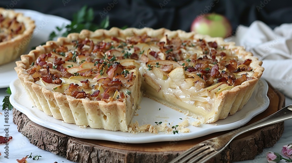 A pie on a white plate atop a wooden table with a knife and fork nearby A pie on a white plate atop a wooden table with a knife and fork nearby
