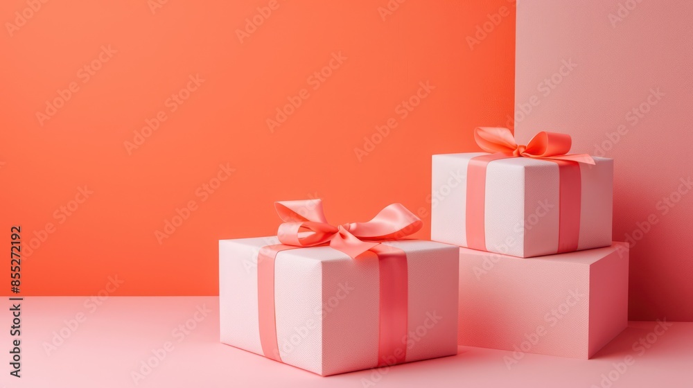 Two neatly wrapped gift boxes with elegant pink ribbons against a two-tone coral background create a visually pleasing composition suitable for various occasions Two neatly wrapped gift boxes with elegant pink ribbons against a two-tone coral background create a visually pleasing composition suitable for various occasions