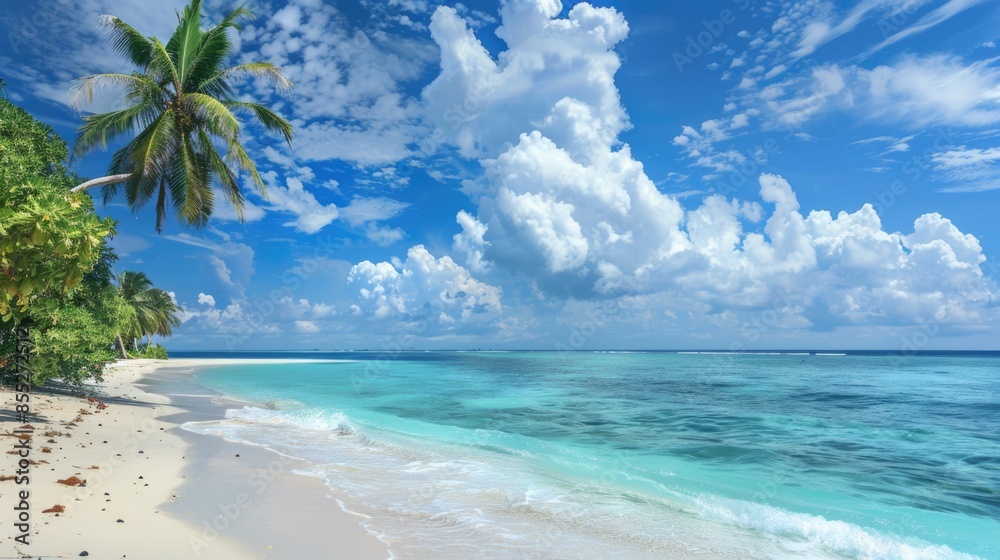 Fototapeta premium A serene sandy beach scene with palm trees swaying in the breeze, surrounded by calm blue water