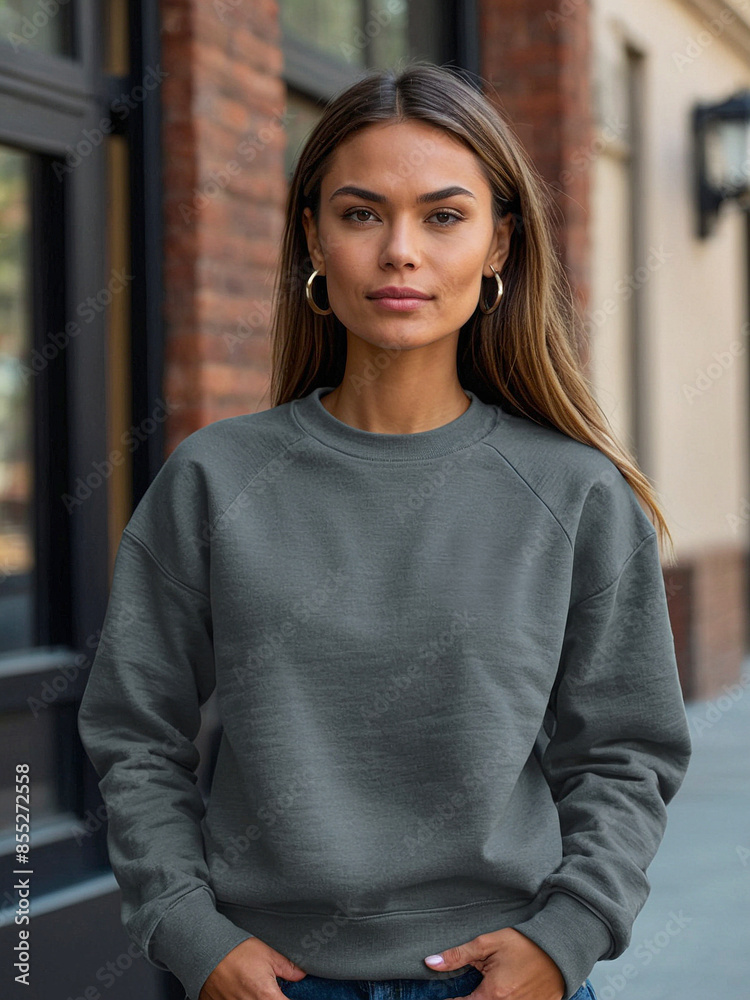 The woman is wearing a cozy, light pastel-colored sweatshirt. The sweatshirt is shown in a relaxed, comfort fit, demonstrating its suitability for a cozy, everyday look. The woman is wearing a cozy, light pastel-colored sweatshirt. The sweatshirt is shown in a relaxed, comfort fit, demonstrating its suitability for a cozy, everyday look.