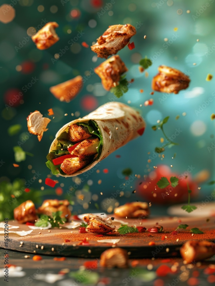 A delicious-looking tortilla filled with chicken, lettuce, and tomatoes mid-air toss A delicious-looking tortilla filled with chicken, lettuce, and tomatoes mid-air toss