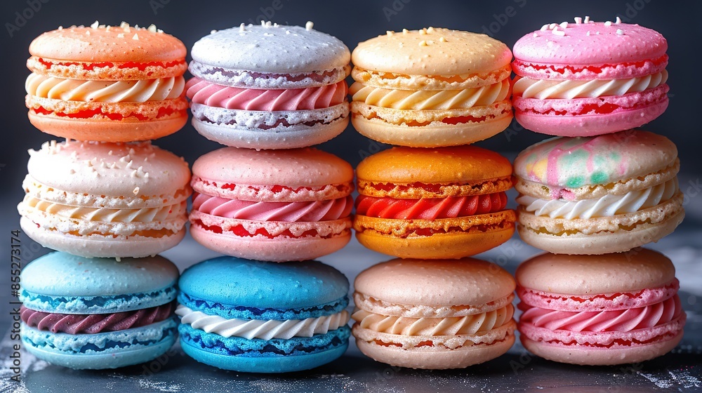 Colorful Macaroons Stacked on Black Background with White Sprinkles Colorful Macaroons Stacked on Black Background with White Sprinkles