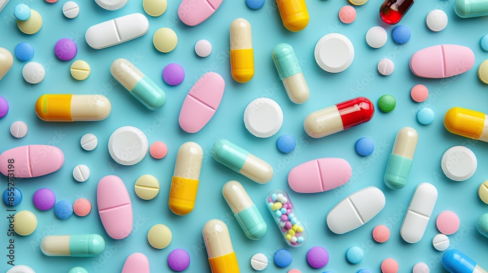 Multi-colored pills and capsules of drugs flying in all directions Multi-colored pills and capsules of drugs flying in all directions