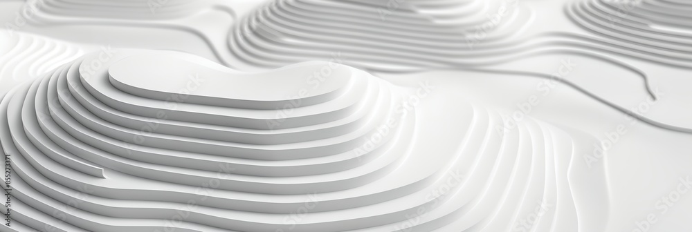 The image is a white and grey landscape with a lot of curves and lines. Scene is calm and serene, with the white color giving it a sense of purity and simplicity The image is a white and grey landscape with a lot of curves and lines. Scene is calm and serene, with the white color giving it a sense of purity and simplicity