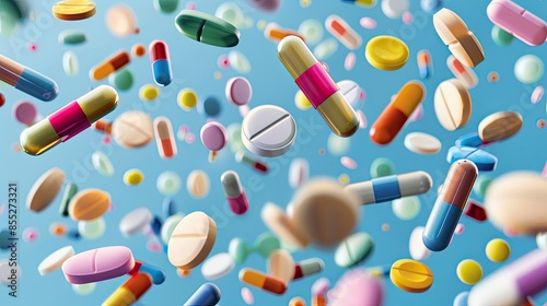 Multi-colored pills and capsules of drugs flying in all directions