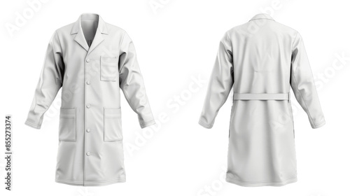Blank white medical lab coat mockup front and side view 3d rendering Empty doctors overcoat with pocket mock up Isolated on transparent background PNG