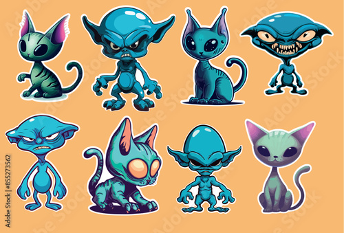blue aliens cats monsters smurfs die cut kiss cut sticker set