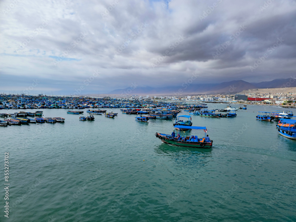 Fototapeta premium Maritime port with many boats and ships, with a view of the port at sunset.