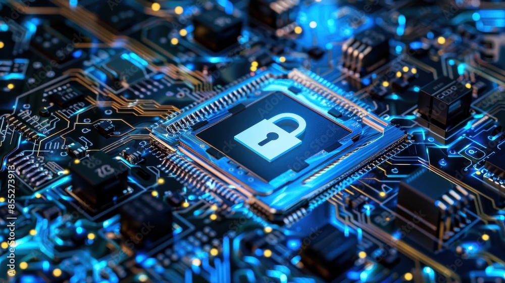 A close-up of a circuit board with a padlock symbol illuminated in the center, symbolizing secure digital data. A close-up of a circuit board with a padlock symbol illuminated in the center, symbolizing secure digital data.
