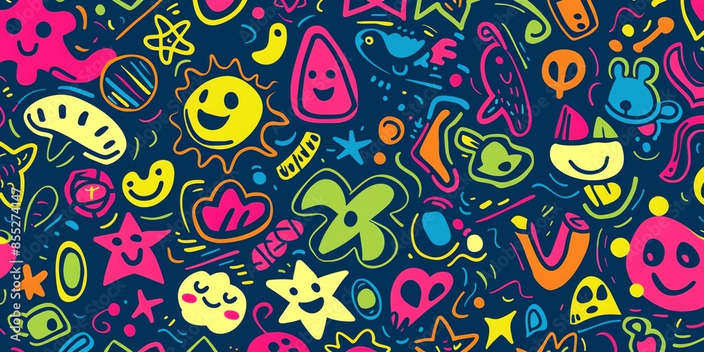 colorful pattern of smile faces and stars on a blue background colorful pattern of smile faces and stars on a blue background
