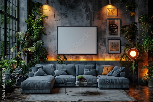 Modern, industrial-style living room with lush greenery. photo