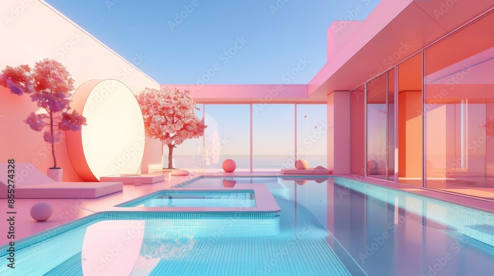 A pink and white building with a pink pool and a pink tree A pink and white building with a pink pool and a pink tree
