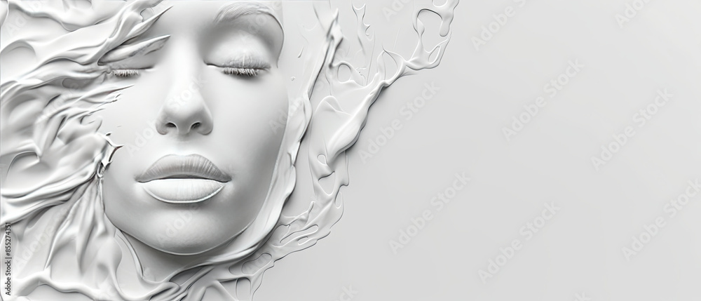 Minimalist 3D rendering of a serene woman's face, white colors. Concept: plastic surgery, cosmetic treatments, skincare. Suitable for beauty, healthcare, and wellness businesses. Minimalist 3D rendering of a serene woman's face, white colors. Concept: plastic surgery, cosmetic treatments, skincare. Suitable for beauty, healthcare, and wellness businesses.