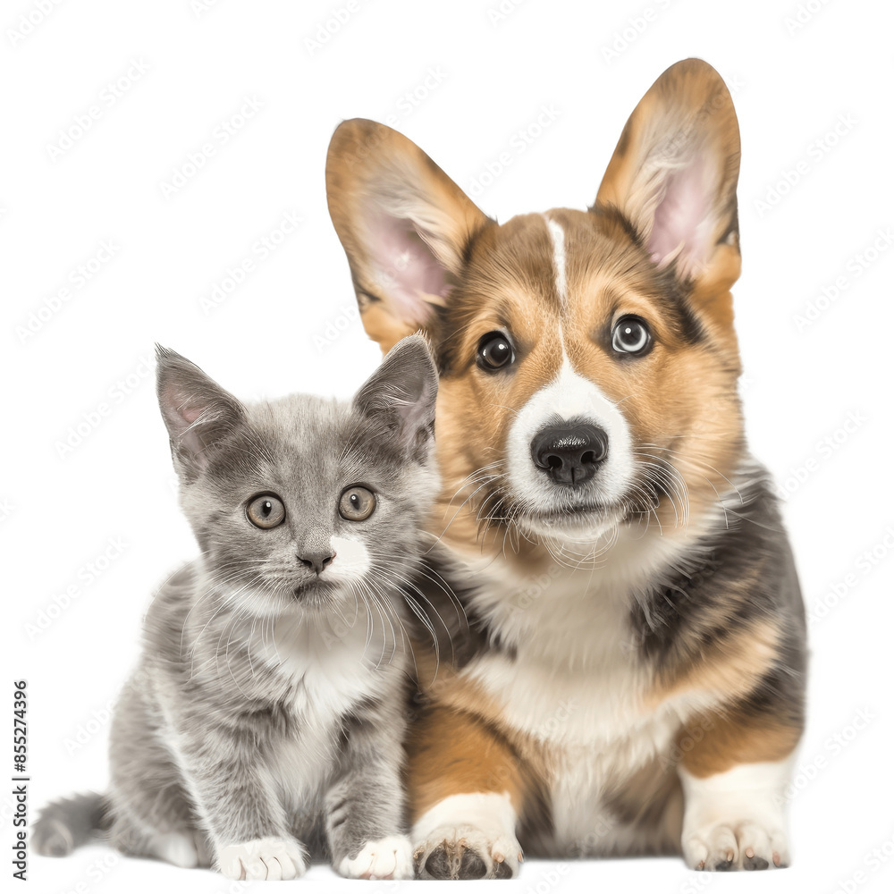 Obraz premium Cat and dog together panting Puppy Welsh Corgi looking at camera and proud grey cat Isolated on transparent background PNG