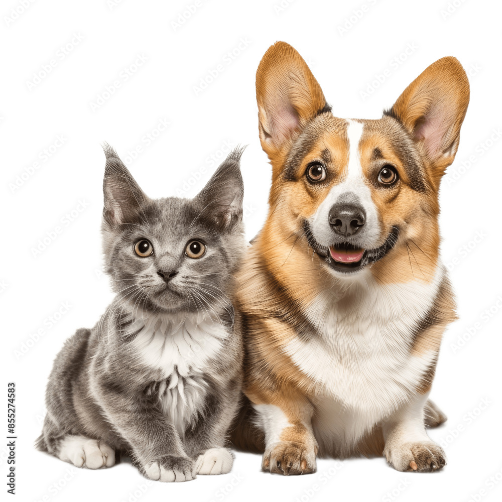 Cat and dog together panting Puppy Welsh Corgi looking at camera and proud grey cat Isolated on transparent background PNG Cat and dog together panting Puppy Welsh Corgi looking at camera and proud grey cat Isolated on transparent background PNG