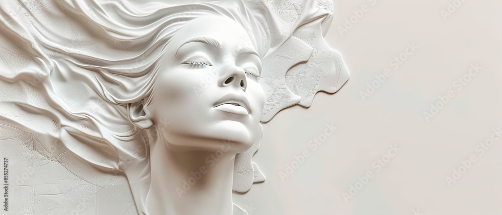 Minimalist 3D rendering of a serene woman's face, white colors. Concept: plastic surgery, cosmetic treatments, skincare. Suitable for beauty, healthcare, and wellness businesses. Minimalist 3D rendering of a serene woman's face, white colors. Concept: plastic surgery, cosmetic treatments, skincare. Suitable for beauty, healthcare, and wellness businesses.