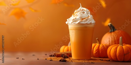 Fototapeta Naklejka Na Ścianę i Meble -  a cup of pumpkin spice with whipped cream on top of it and pumpkins around it on a table